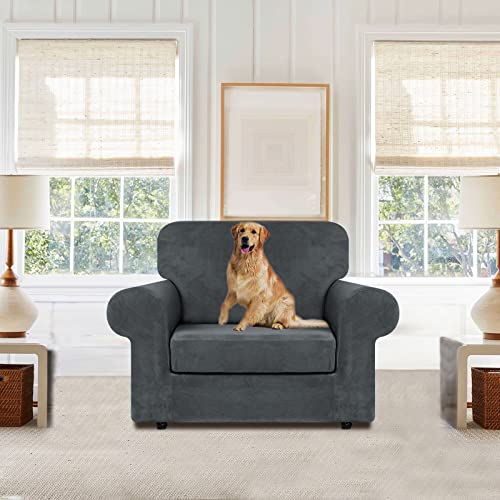WEERRW Velvet Stretch Chair Sofa Slipcover - 2 Pieces Luxury Soft Velvet Plush Couch Cover Furniture Protector with Elastic Bottom for Pets, Machine Washable, Dark Gray, Small - Image 2
