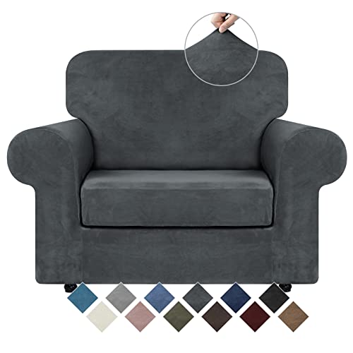 WEERRW Velvet Stretch Chair Sofa Slipcover - 2 Pieces Luxury Soft Velvet Plush Couch Cover Furniture Protector with Elastic Bottom for Pets, Machine Washable, Dark Gray, Small - Image 1