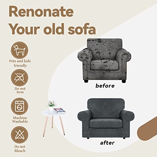 WEERRW Velvet Stretch Chair Sofa Slipcover - 2 Pieces Luxury Soft Velvet Plush Couch Cover Furniture Protector with Elastic Bottom for Pets, Machine Washable, Dark Gray, Small - Image 5