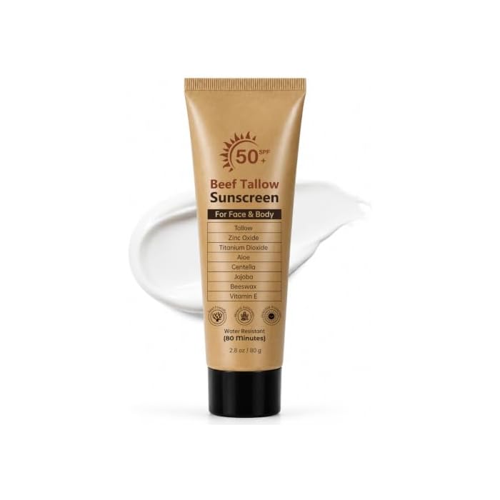 Beef Tallow Sunscreen SPF 50 with Zinc Oxide, Aloe & Centalla | Organic Mineral Sunscreen Face & Body, Water-Resistant 80 Min, Non-Toxic Non-Greasy Formula, Moisturizing & Soothing, 2.8 OZ