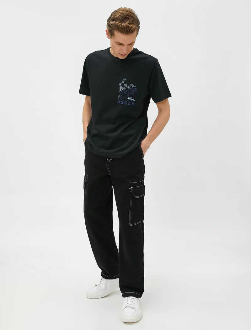 KOTON Far East Printed T-Shirt Back Detailed Crew Neck Short Sleeve