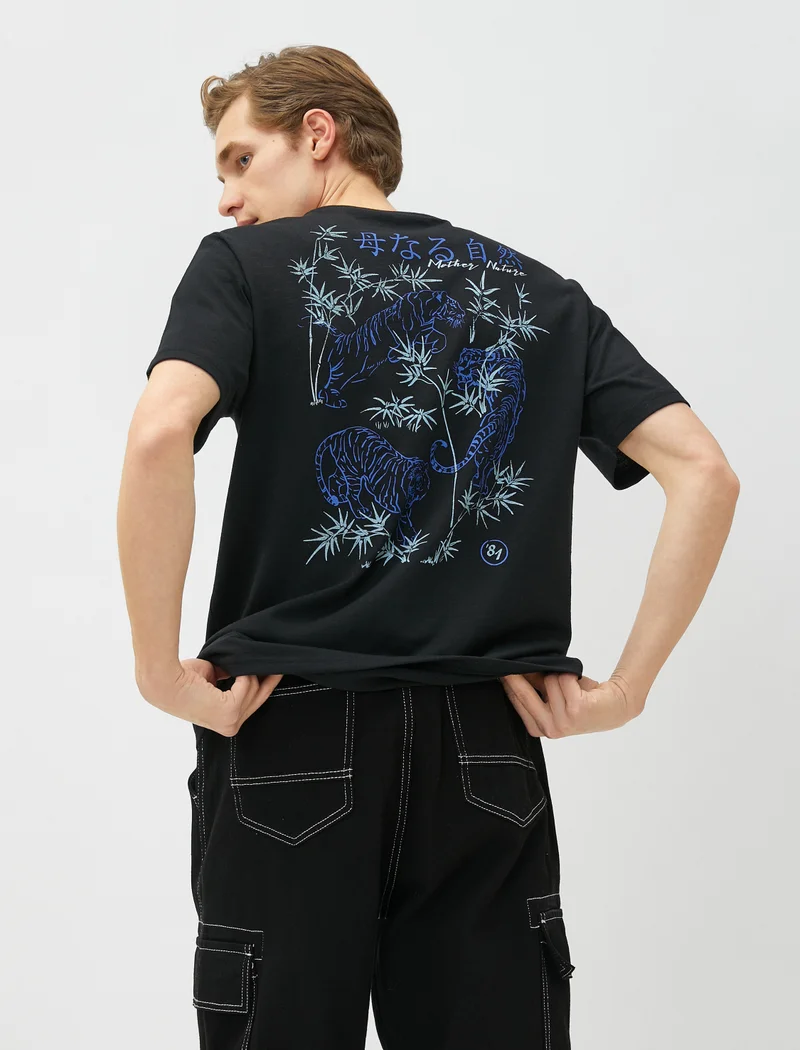 KOTON Far East Printed T-Shirt Back Detailed Crew Neck Short Sleeve