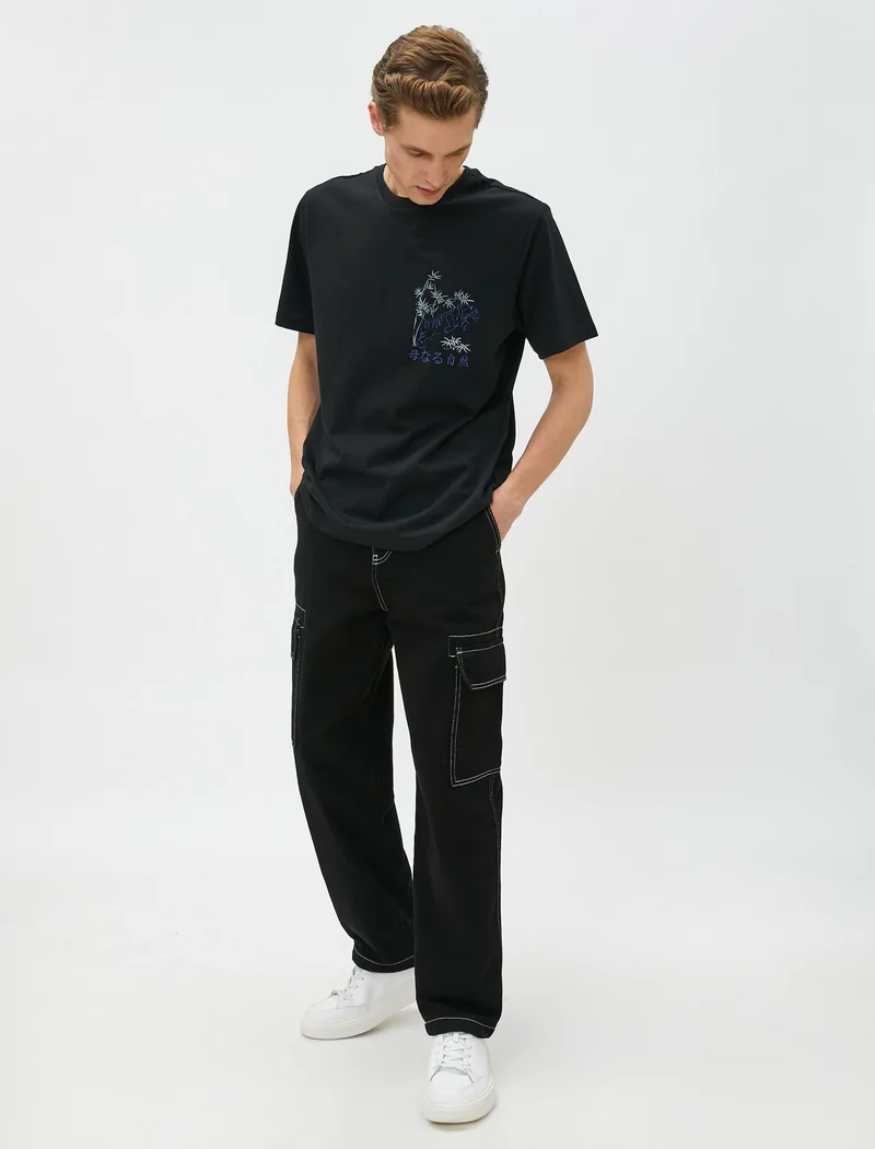 KOTON Far East Printed T-Shirt Back Detailed Crew Neck Short Sleeve