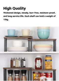 Teuuea 2 Pieces Kitchen Counter Shelves Organizer, Stackable Expandable Metal and Engineered Wood Cabinet Shelves, Storage Rack for Kitchen Office Bathroom Bedroom  - Image 3