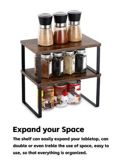 Teuuea 2 Pieces Kitchen Counter Shelves Organizer, Stackable Expandable Metal and Engineered Wood Cabinet Shelves, Storage Rack for Kitchen Office Bathroom Bedroom  - Image 2