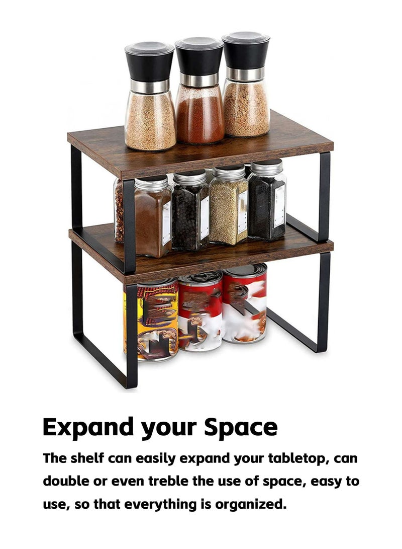 Teuuea 2 Pieces Kitchen Counter Shelves Organizer, Stackable Expandable Metal and Engineered Wood Cabinet Shelves, Storage Rack for Kitchen Office Bathroom Bedroom - Image 2