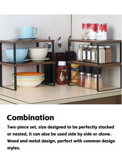 Teuuea 2 Pieces Kitchen Counter Shelves Organizer, Stackable Expandable Metal and Engineered Wood Cabinet Shelves, Storage Rack for Kitchen Office Bathroom Bedroom  - Image 4