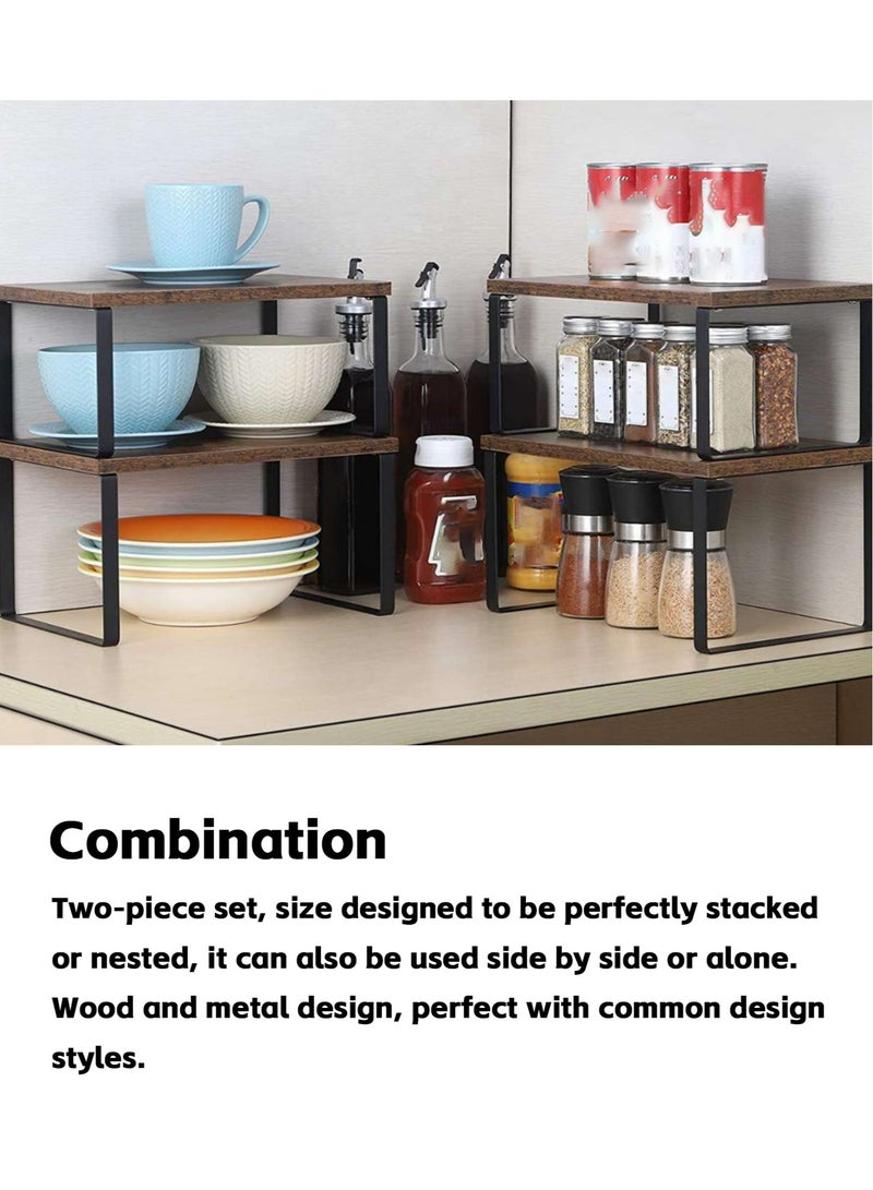 Teuuea 2 Pieces Kitchen Counter Shelves Organizer, Stackable Expandable Metal and Engineered Wood Cabinet Shelves, Storage Rack for Kitchen Office Bathroom Bedroom - Image 4