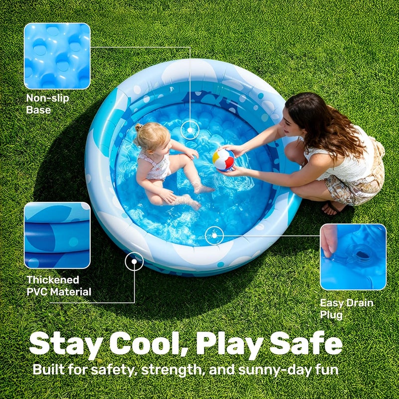 Sloosh Inflatable Kiddie Pool Blue with Geometric Pattern Swimming Pool 3-Rings for Kids Indoor & Outdoor 34 Inches - Image 2