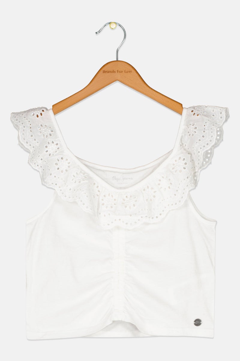 Pepe Jeans بلوزة بدون أكمام من القماش المنقوش للبنات، بيضاء - Image 1