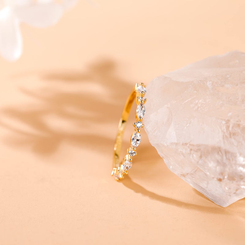 SHINYSO 14K Gold Plated Wedding Band for Women Thin Stacking Ring Half Cubic Zirconia Eternity Engagement Ring Size 4-10 (Yellow, Size 7) - Image 2