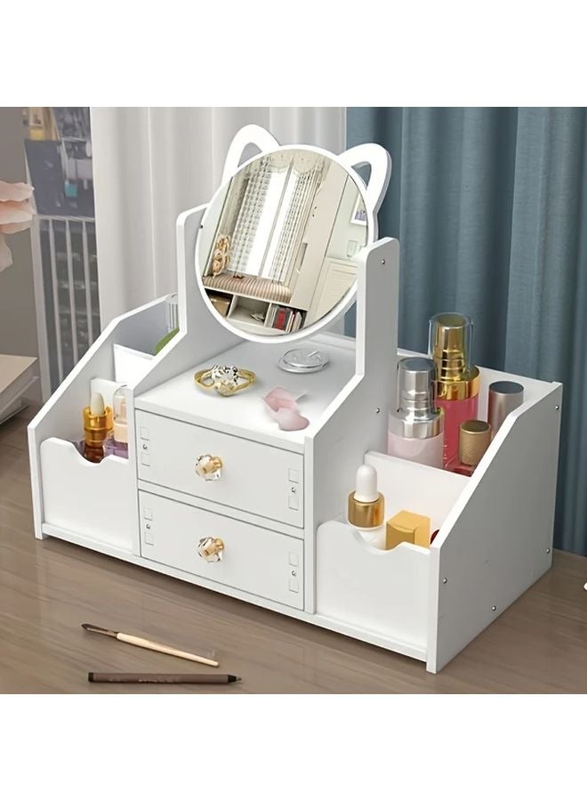 White Makeup Organizer With Cat Ear Mirror Large Capacity Cosmetic Storage Cabinet - Image 1