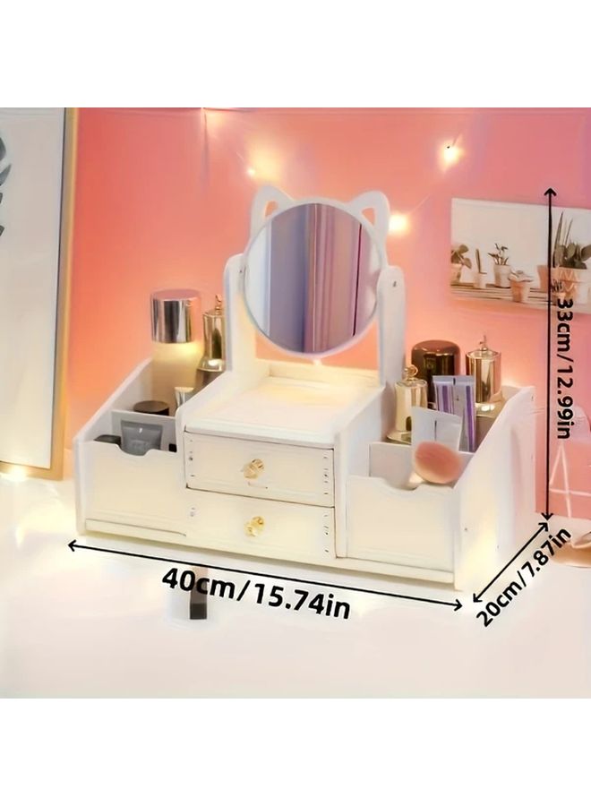 White Makeup Organizer With Cat Ear Mirror Large Capacity Cosmetic Storage Cabinet - Image 3