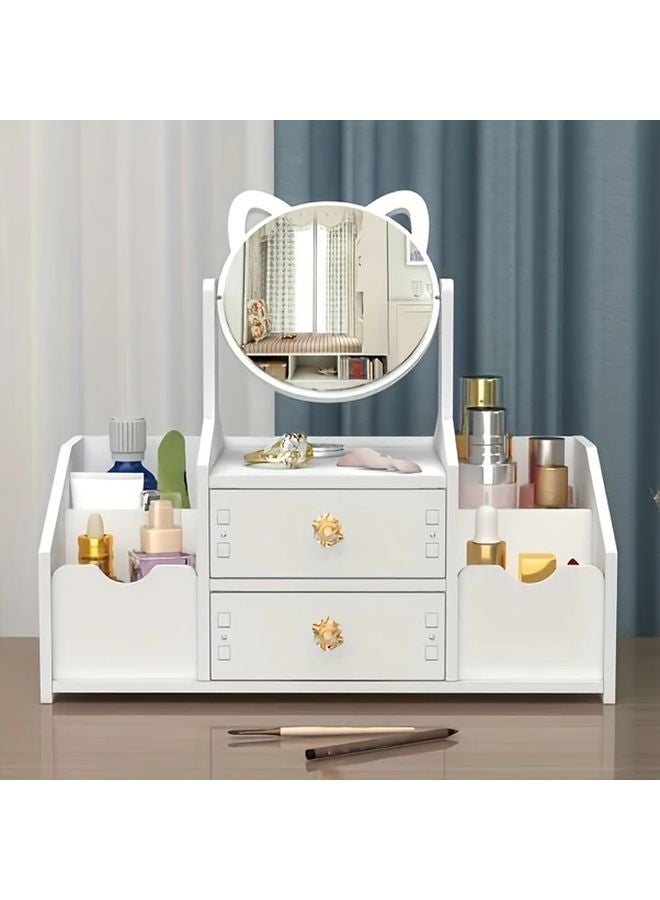 White Makeup Organizer With Cat Ear Mirror Large Capacity Cosmetic Storage Cabinet - Image 4