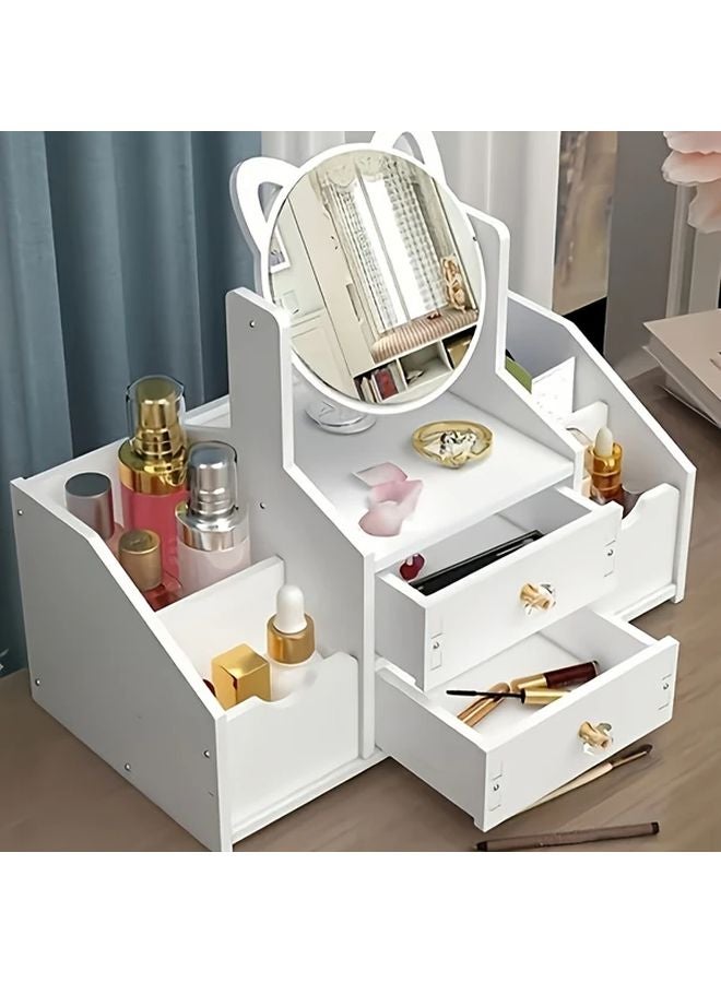 White Makeup Organizer With Cat Ear Mirror Large Capacity Cosmetic Storage Cabinet - Image 2