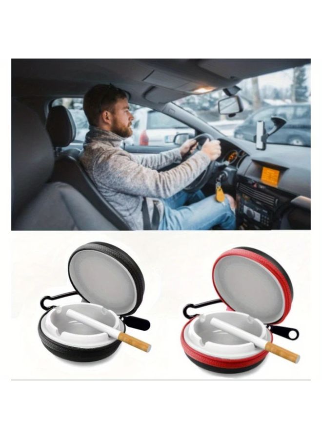 Mini Portable Car Ashtray With Lid Black And Red Travel Round 1pc - Image 1