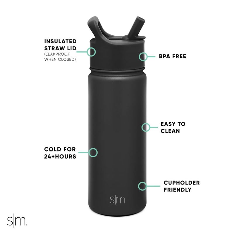 Simple Modern Kids Water Bottle with Straw Lid Vacuum Insulated Stainless Steel Metal Thermos Bottles | Reusable Leak Proof BPA-Free Flask for School | Summit Collection | 18oz, Midnight Black - Image 2