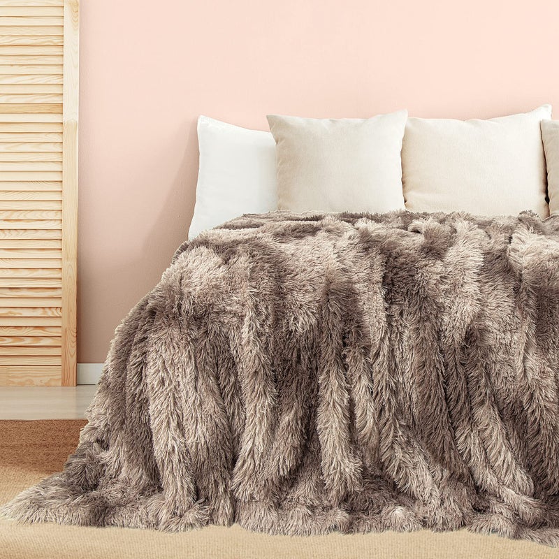 Tuddrom Decorative Extra Soft Faux Fur Blanket Queen Size 80"" x 90"" Solid Reversible Fuzzy Long Hair Shaggy Blanket Fluffy Plush Fleece Comfy Microfiber Fur Blanket for Couch Sofa Bed Tie DyeBrown - Image 2