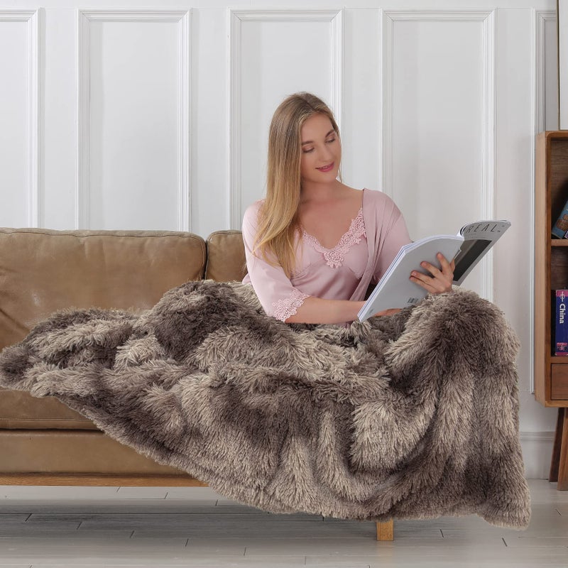 Tuddrom Decorative Extra Soft Faux Fur Blanket Queen Size 80"" x 90"" Solid Reversible Fuzzy Long Hair Shaggy Blanket Fluffy Plush Fleece Comfy Microfiber Fur Blanket for Couch Sofa Bed Tie DyeBrown - Image 3