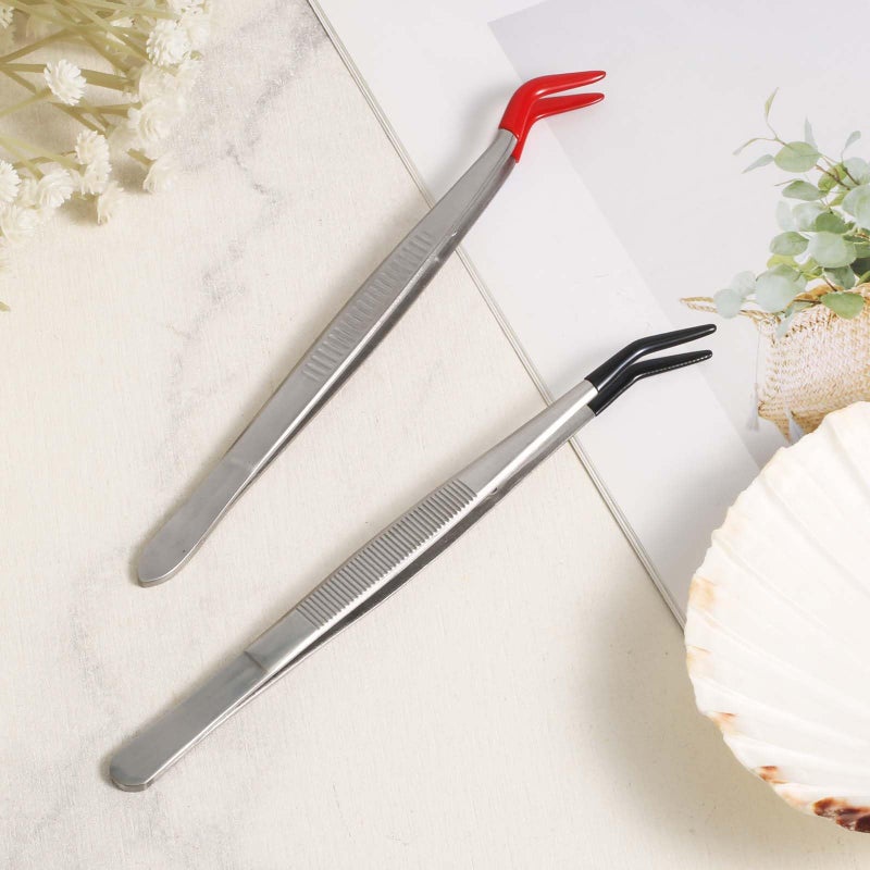 XIHIRCD 2pcs Bent Tweezers with Rubber Tips, Curved Flat Tip Tweezer Stainless Steel Angled Grip Gem Stamp Sticker Non-Slip Long Crafting Tweezer Tool for Bead Craft Hobby Jewelry Making Garden(red, black) - Image 4