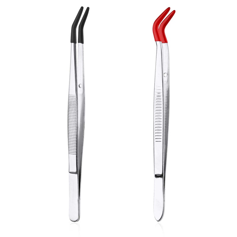 XIHIRCD 2pcs Bent Tweezers with Rubber Tips, Curved Flat Tip Tweezer Stainless Steel Angled Grip Gem Stamp Sticker Non-Slip Long Crafting Tweezer Tool for Bead Craft Hobby Jewelry Making Garden(red, black) - Image 1