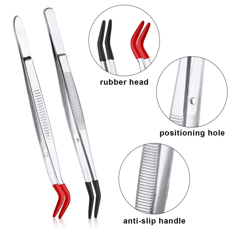 XIHIRCD 2pcs Bent Tweezers with Rubber Tips, Curved Flat Tip Tweezer Stainless Steel Angled Grip Gem Stamp Sticker Non-Slip Long Crafting Tweezer Tool for Bead Craft Hobby Jewelry Making Garden(red, black) - Image 3
