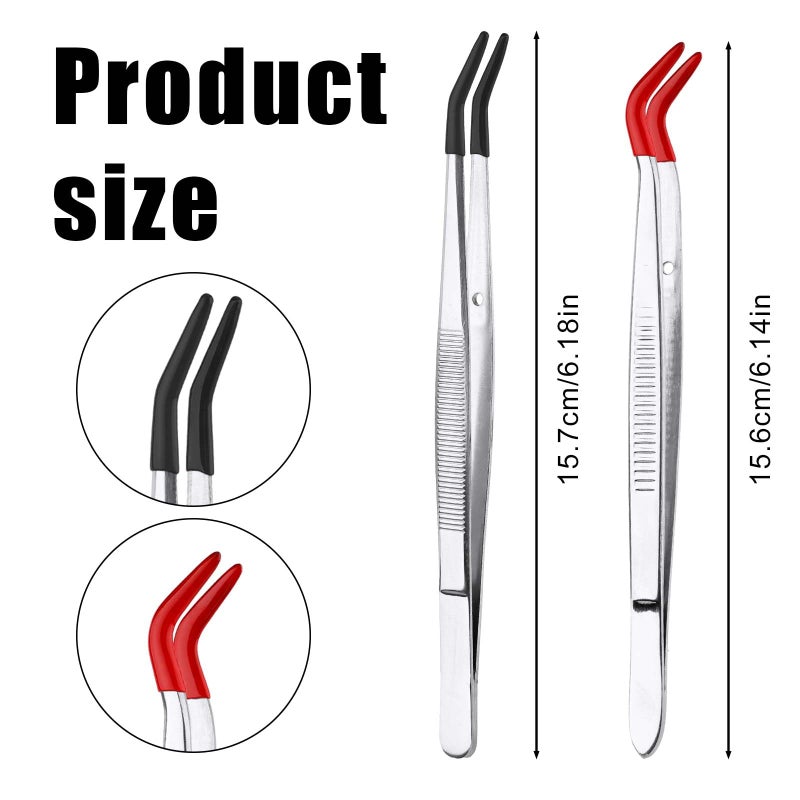 XIHIRCD 2pcs Bent Tweezers with Rubber Tips, Curved Flat Tip Tweezer Stainless Steel Angled Grip Gem Stamp Sticker Non-Slip Long Crafting Tweezer Tool for Bead Craft Hobby Jewelry Making Garden(red, black) - Image 2