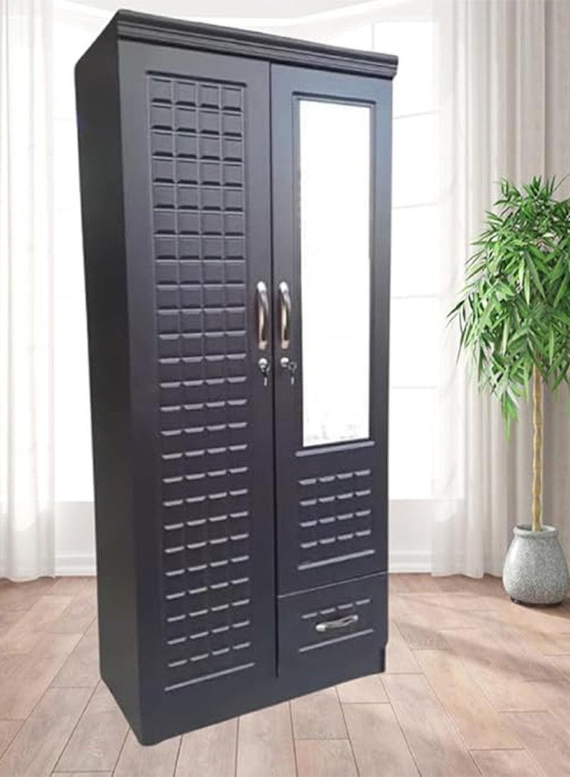 ماركة غير محددة خزانة ملابس خشبية ذات بابين من Empirefurniture مع أبواب قابلة للقفل ومرآة أمامية وخزانة ودرج تخزين - خزانة غرفة نوم حديثة مع أرفف وقضيب تعليق (وينجي)  - Image 2