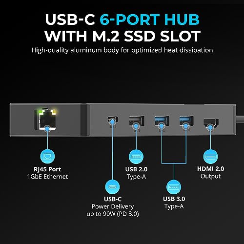 SABRENT USBC Hub SSD Enclosure 6Port Dock with M2 SSD Slot 90W Power Delivery USB 30 20 Ports 4K HDMI RJ45 Gigabit Ethernet HB6PNV - Image 3
