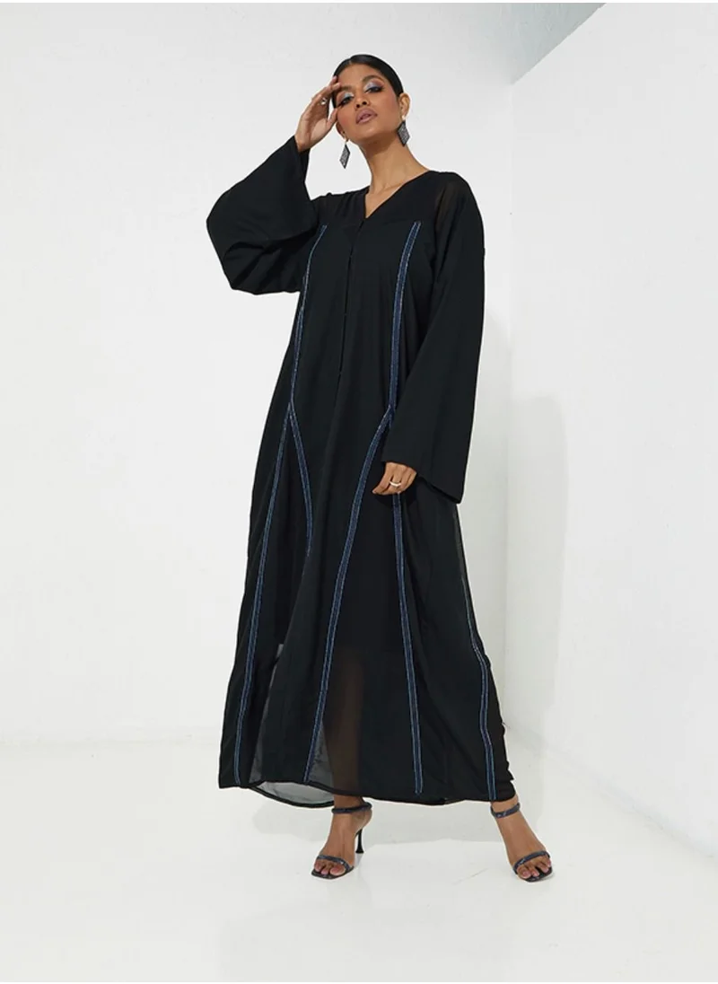 Rosette Abaya Elegant Black Abaya with Blue Line Embroidery
