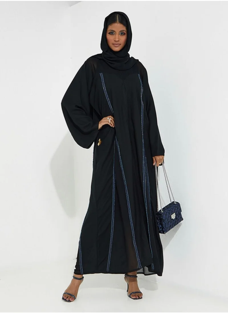 Rosette Abaya Elegant Black Abaya with Blue Line Embroidery