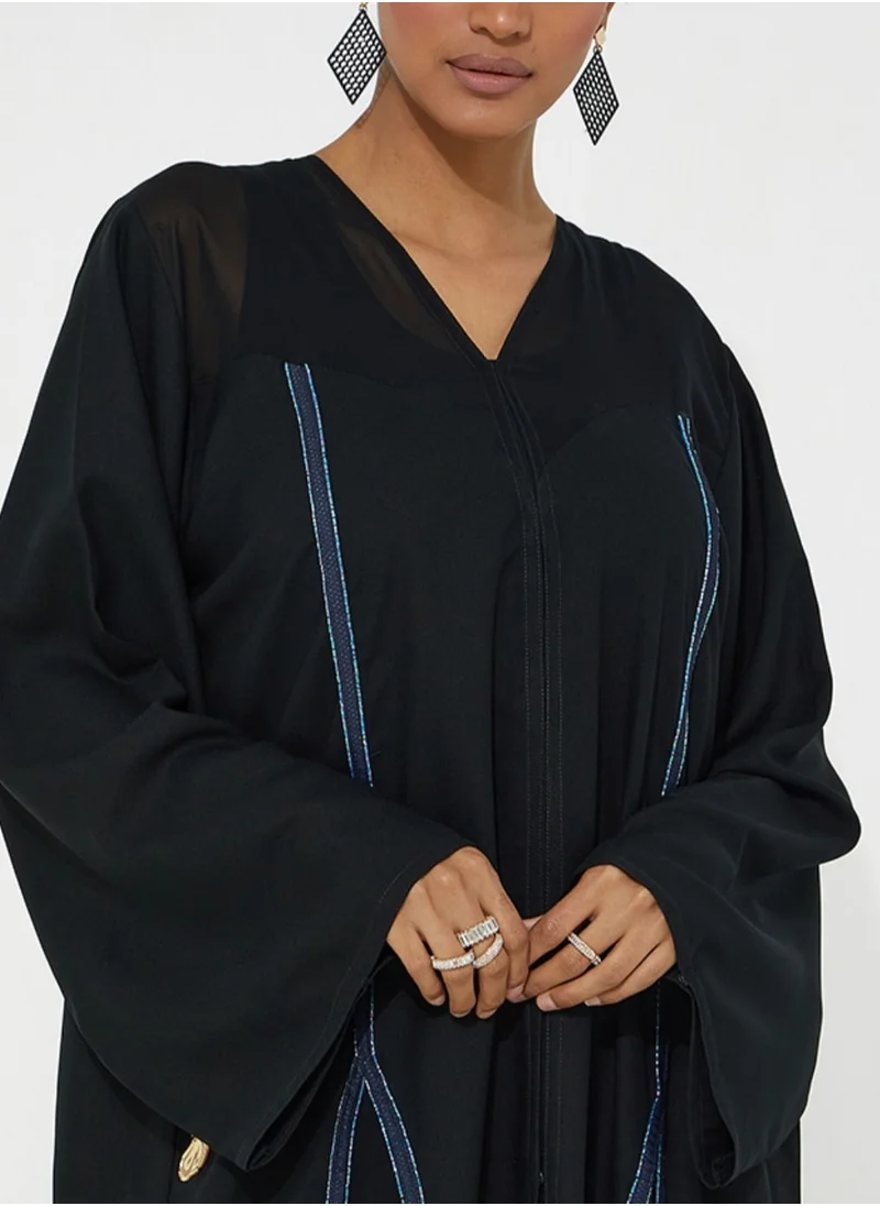 Rosette Abaya Elegant Black Abaya with Blue Line Embroidery
