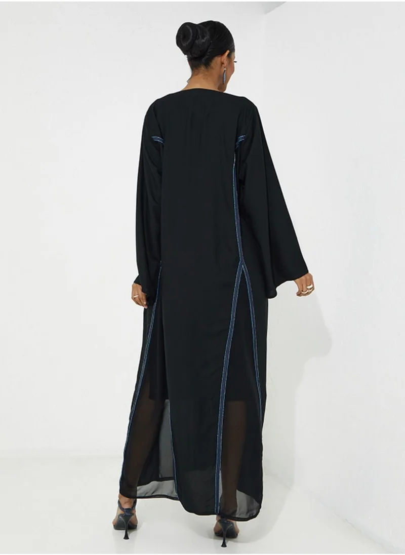 Rosette Abaya Elegant Black Abaya with Blue Line Embroidery