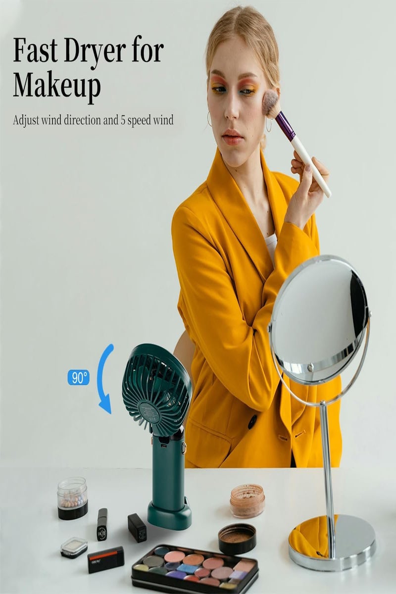 هيروكس مروحة يدوية محمولة صغيرة هادئة قابلة لإعادة الشحن عبر USB مروحة شخصية تعمل بالبطارية مروحة مكتب بخمس سرعات للمنزل والسفر والتنقل والمكياج والمكتب (أخضر) - Image 4