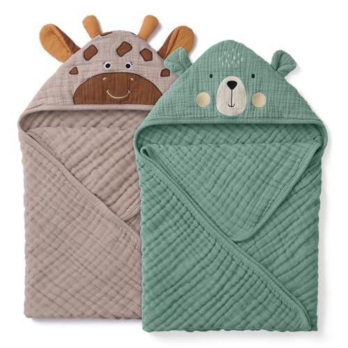 Blissful Diary Muslin Baby Hooded Towel 2 Pack Soft Absorbent Bath Towel for Infant Toddler Unisex Baby Gift Newborn Essentials Bear Giraffe - Image 1