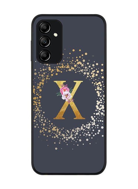 Rugged Black edge case for Samsung Galaxy M14 5G Slim fit Soft Case Flexible Rubber Edges Anti Drop TPU Cover -  Custom Monogram Initial Letter Floral Pattern Alphabet - X  (Grey )