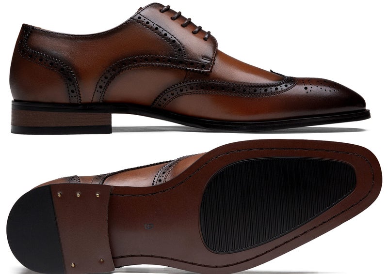 Jousen Men's Dress Shoes Leather Wingtip Formal Business Oxford Shoes Brogue Retro Derby Dress Shoes for Men (AMY9215 yellowbrown 8) - Image 4