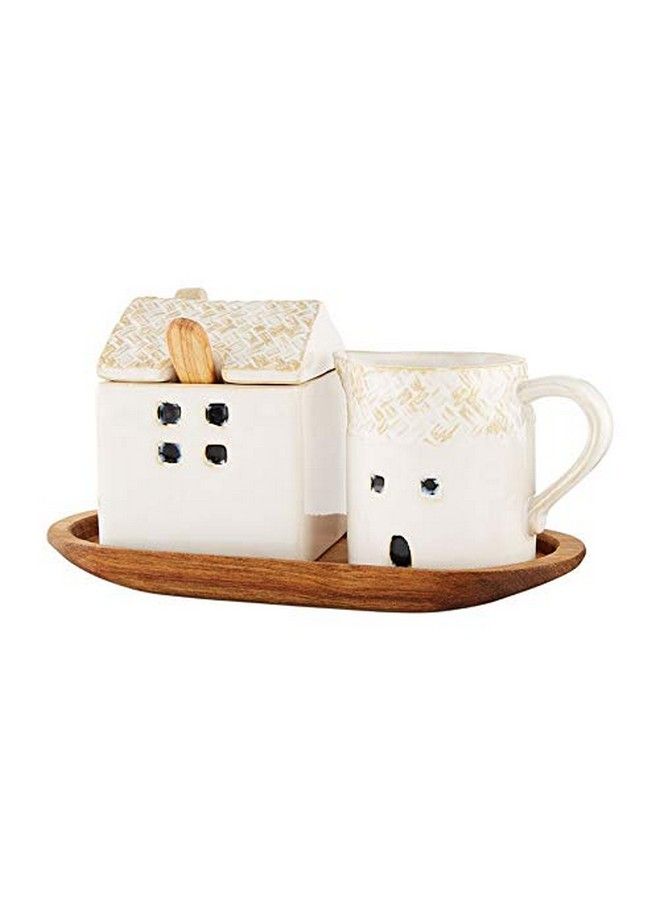 mud pie House Cream And Sugar Set 3" X 2 3/4" 3 3/4" X 3" | Tray 4" X 8" | Spoon 4 1/2" White - Image 1