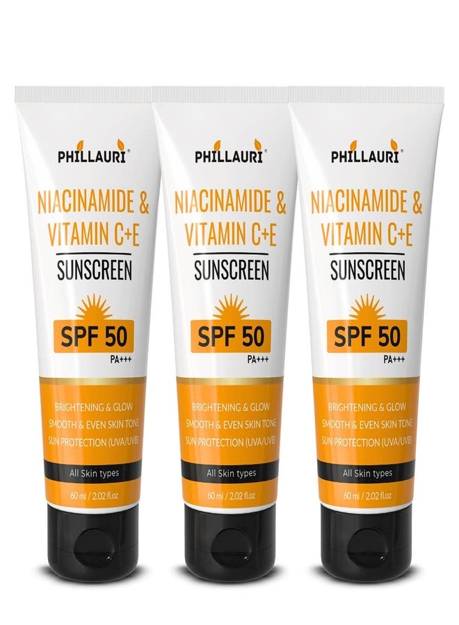 Phillauri لوشن واقي من الشمس بعامل حماية 50+++ PA+++ مع النياسيناميد وفيتامين سي، واقي شمس يومي للرجال والنساء، قوام غير دهني، ملمس ناعم، للاستخدام على الوجه والجسم، مثالي للاستخدام اليومي في الهواء الطلق - 60 مل (عبوة من 3 قطع) - Image 1