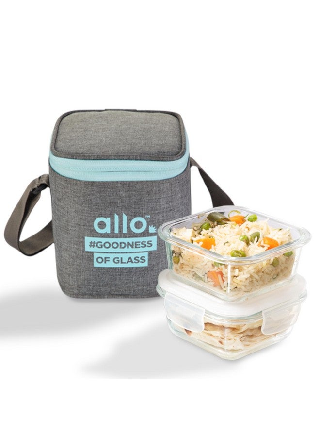 Allo Food Safe Borosilicate Glass Lunch Box, 450C Microwave Safe Lunch Box, Borosilicate Borosilicate Glass Tiffin for Office with Canvas Grey Tiffin Bag, Set of 2, 320ml x 2, Square - Image 1