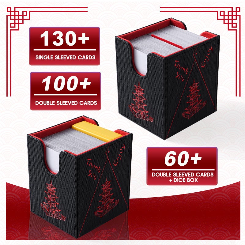 Venssu Chinese Takeout MTG Deck Box, Commander Deck Case Fits 100 Double Sleeved Cards, PU Leather Storage Box with 2 Dividers, Compatible with TCG/PTCG/EDH/Magic/Sport Cards (Black and Red) - Image 2