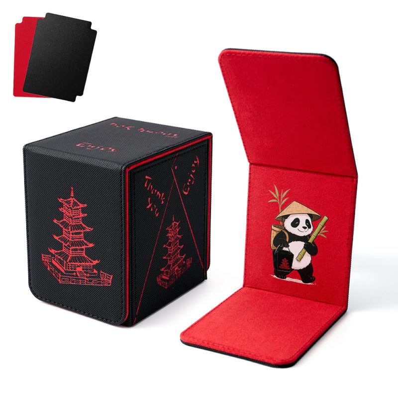 Venssu Chinese Takeout MTG Deck Box, Commander Deck Case Fits 100 Double Sleeved Cards, PU Leather Storage Box with 2 Dividers, Compatible with TCG/PTCG/EDH/Magic/Sport Cards (Black and Red) - Image 1