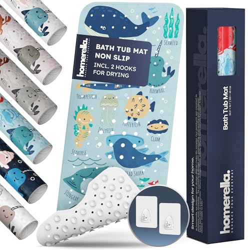 Bath Tub Mat Non Slip Anti Mold for Kids BPA Free INCL Hooks homerella Ocean Sea Animals 40x16 Baby Bath Mat Non Slip 200 Suction Cups Non Toxic Machine Washable Toddler Bath Mat EU Certified