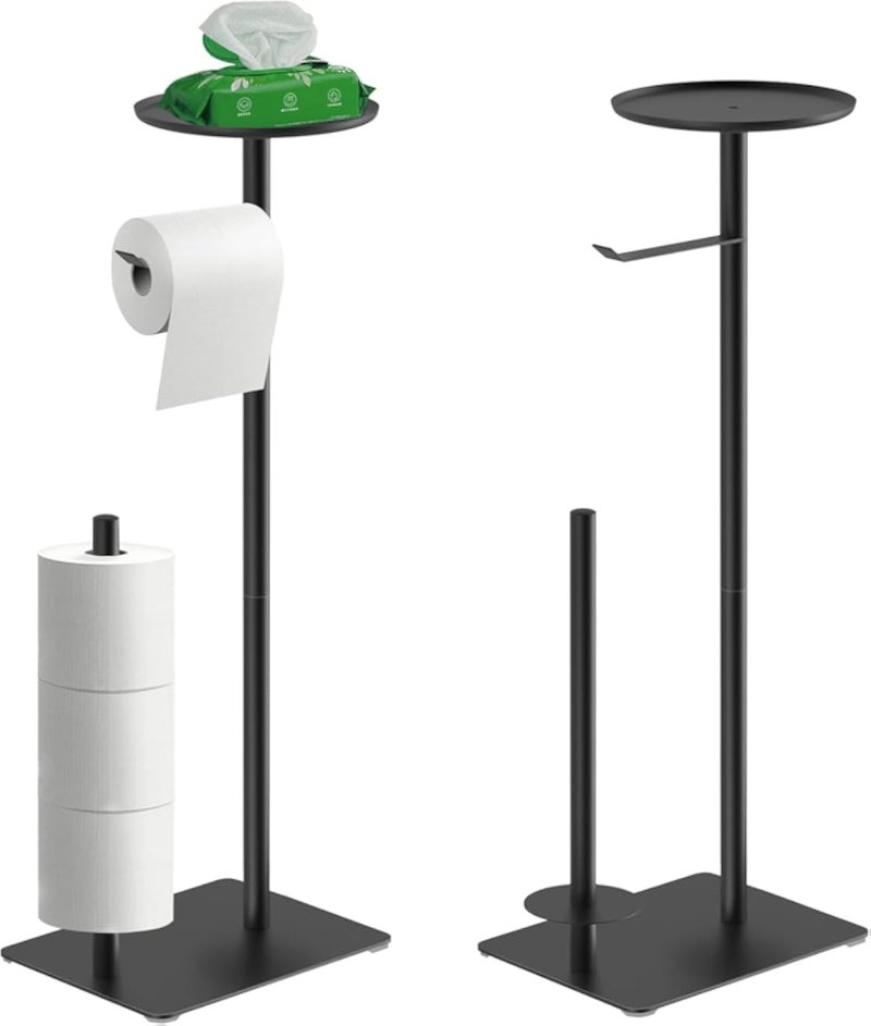 حامل ورق تواليت أسود اللون مع حجرة تخزين علوية مستديرة، حامل ورق تواليت يتسع لأربع لفات احتياطية، حامل ورق تواليت من الفولاذ المقاوم للصدأ بقاعدة أكبر، طقم من حاملين لورق التواليت، لا