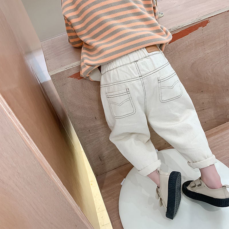 Boys' Fleece-Lined Pants Style, Girls' Fleece-Lined Jeans For Older Children, Trendy Street Style - Image 1