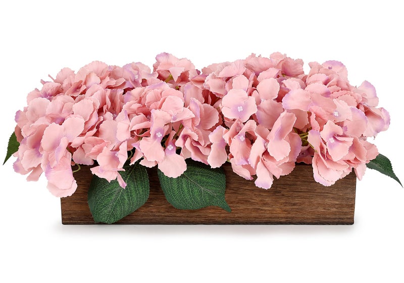 Scawim Spring Flower Table Centerpiece, Fake Hydrangea Arrangements Centerpieces Artificial Flowers Decor Wood Tray with Faux Flower Wedding Bouquets Room Kitchen Farmhouse Indoor Office Party(Pink) - Image 1