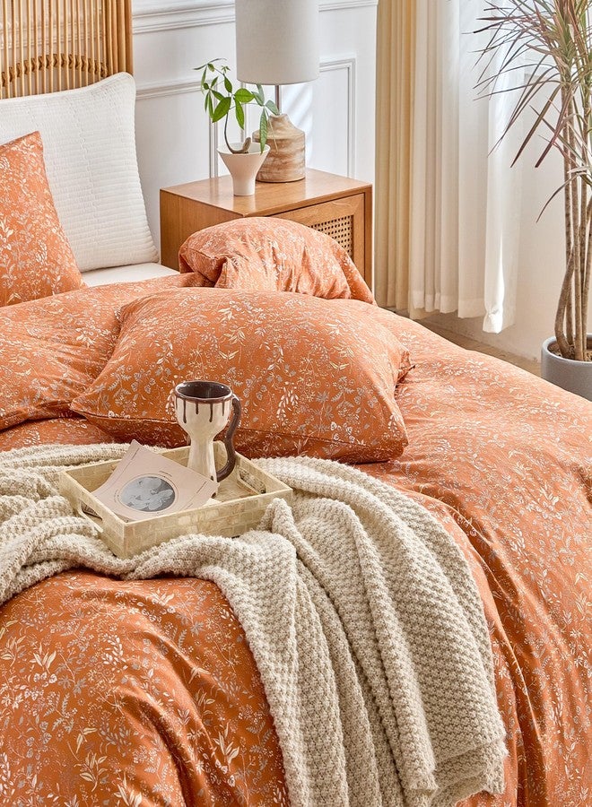AMWAN Queen Size Comforter Set Burnt Orange, 3 Pieces Queen Terracotta Bedding Sets, Vintage Botanical Bedding Set, 1 Comforter with 2 Pillowcases, Aesthetic Floral Comforter Set for All Seasons - Image 4