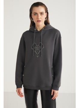 GRIMELANGE Shara Women's Hooded Stone Embroidered Anthracite Sweatshirt  - Image 1
