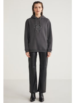 GRIMELANGE Shara Women's Hooded Stone Embroidered Anthracite Sweatshirt  - Image 2