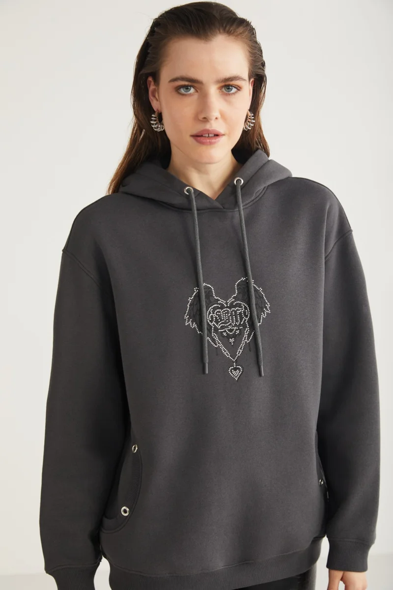 GRIMELANGE Shara Women's Hooded Stone Embroidered Anthracite Sweatshirt